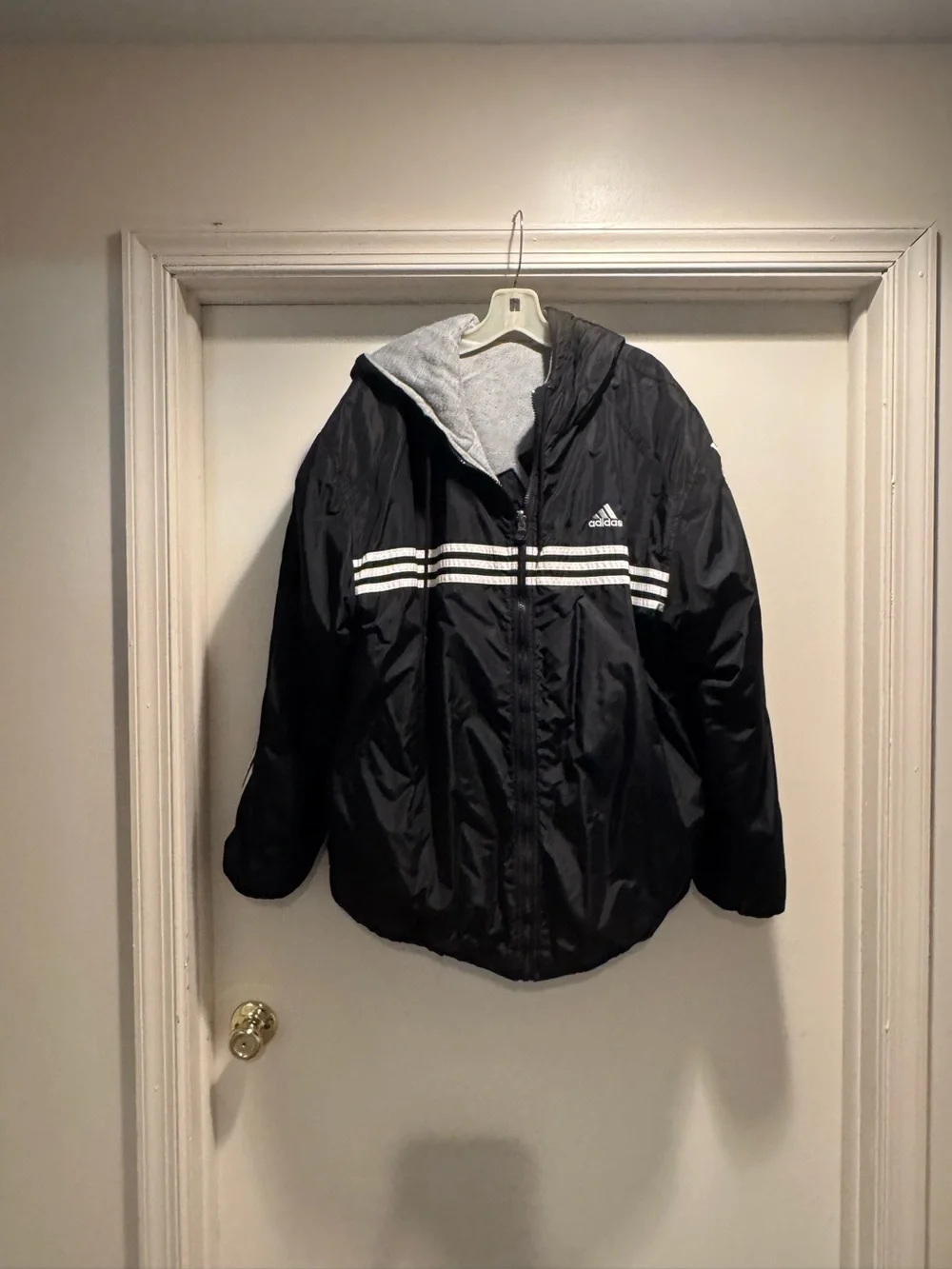Vintage Adidas Black Hooded Reversible Hooded Puffer Jacket with White Stripe